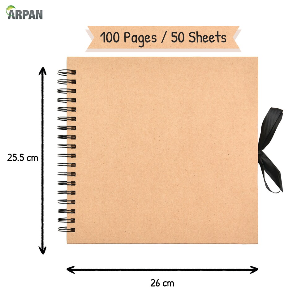 image 1 of ARPAN Spiral Bound Scrapbook Album – 50 Sheets / 100 Pages, 200 GSM Thick Paper – DIY Photo Album Memory Book with Ribbon Closure (26 x 25.5 cm) for Wedding, Baby, Travel, Artwork & Scrapbooking