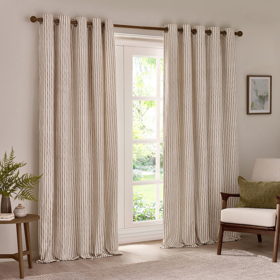 image 1 of Hebden Striped Cotton Eyelet Curtain Pair, 168 x 137cm, Natural | Cream | Natural