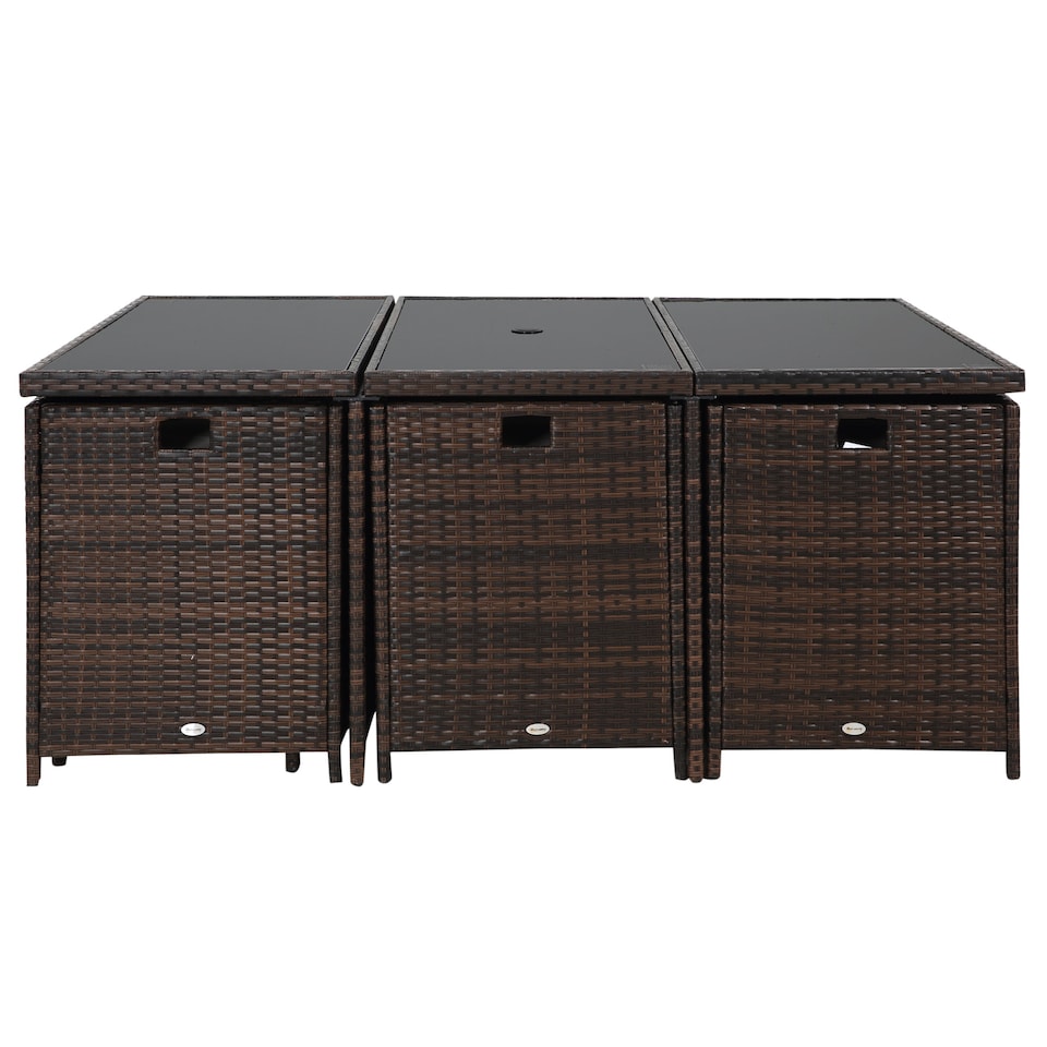 image 1 of Outsunny 10 Seater Rattan Cube Garden Furniture Set with Parasol Hole, Rattan Dining Set with Cushions, Outdoor Dining Table and Chairs with Rectangular Glass Top Table for Patio, Mixed Brown