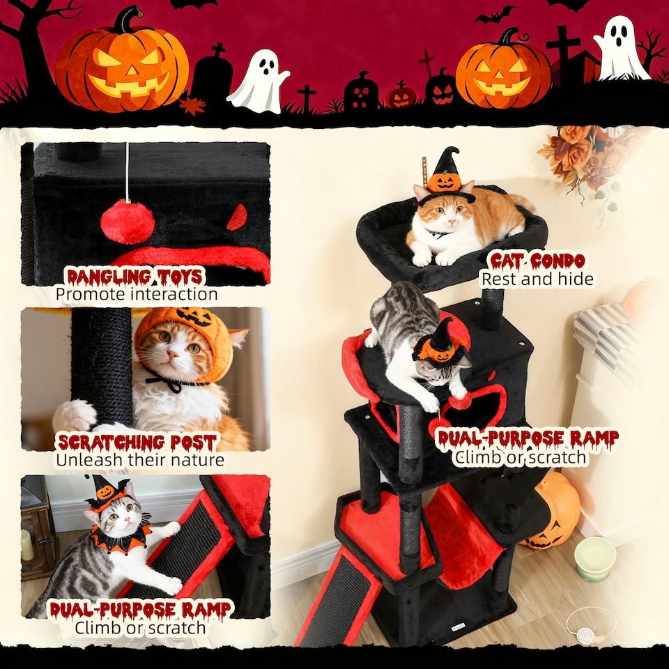 image 1 of PawHut 152cm Gothic Cat Tree for Halloween with Coffin Bed, Large Condo