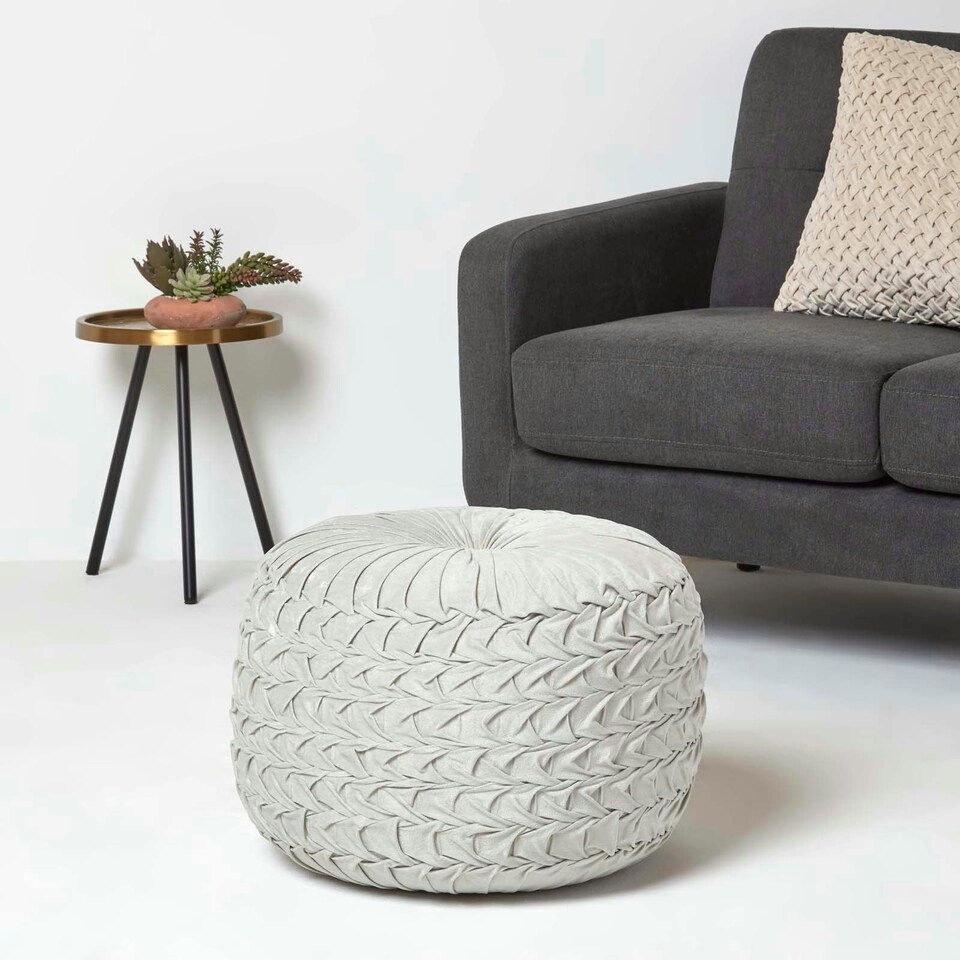 image 1 of Homescapes Grace Pleated Velvet Grey Pouffe