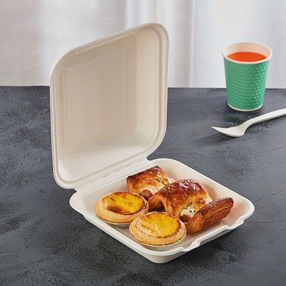 image 1 of Bagasse Sugarcane Takeaway Boxes 8x8 Clamshell Containers, PFAS Free, TUV Home Compostable Certified Food Boxes for Hot & Cold Meals, Restaurants, Parties & Catering