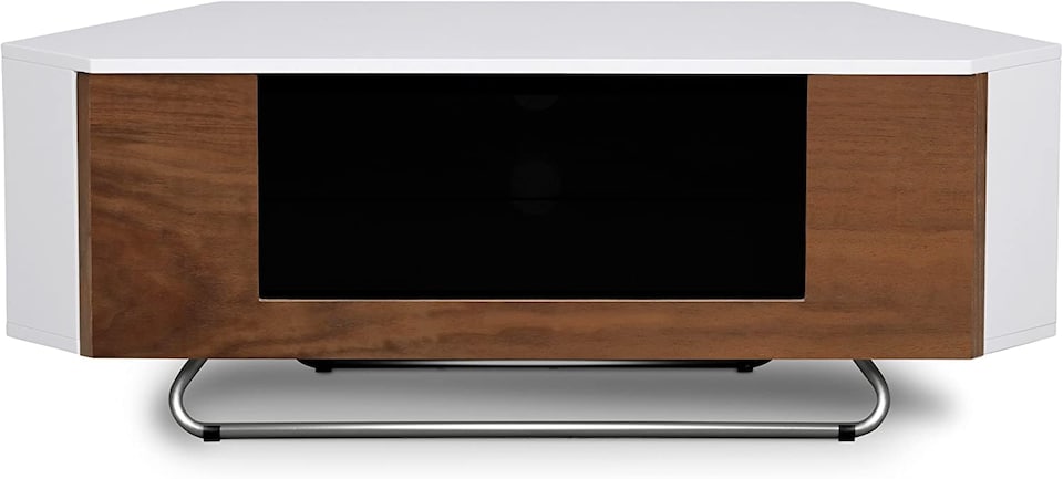 image 1 of Centurion Supports Hampshire Corner-Friendly Gloss White with Walnut Contrast Beam-Thru Remote Friendly Door 26"-50" Flat Screen TV Cabinet | White | Walnut | 1