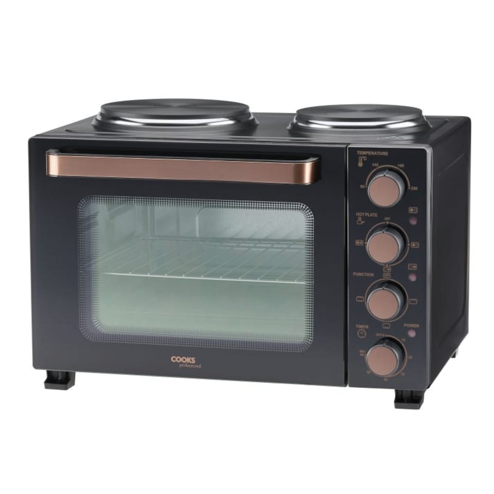 image 1 of Cooks Professional 28L Mini Oven with 2 Hobs - Electric Multifunction Countertop Cooker | Black | Black & Copper