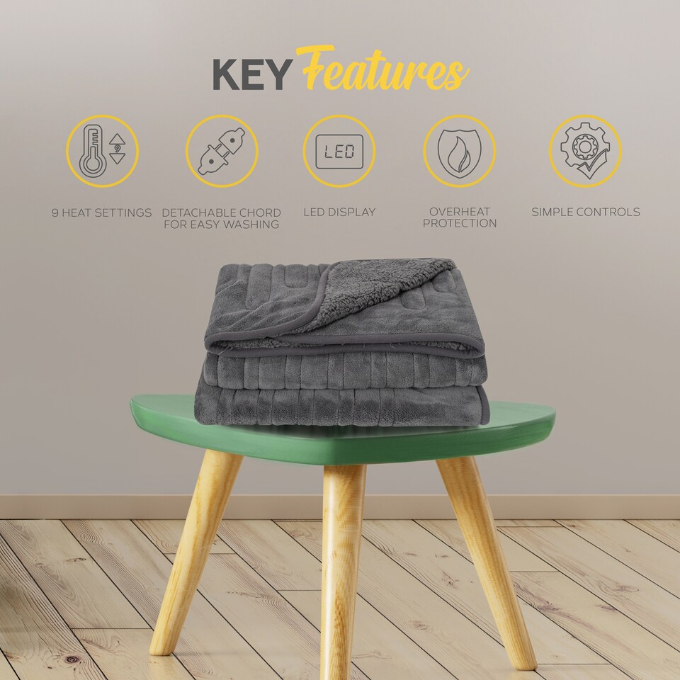 image 1 of Monhouse Heated Throw - Electric Blanket - Digital Controller - 9H Timer, 9 Heat Settings, Auto Shutoff - Single 130X160Cm | Grey | Dark Grey Shearling | 1