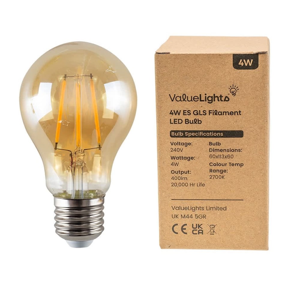 image 1 of ValueLights 3 Pack Filament E27 Amber Glass GLS Light Bulbs | Clear