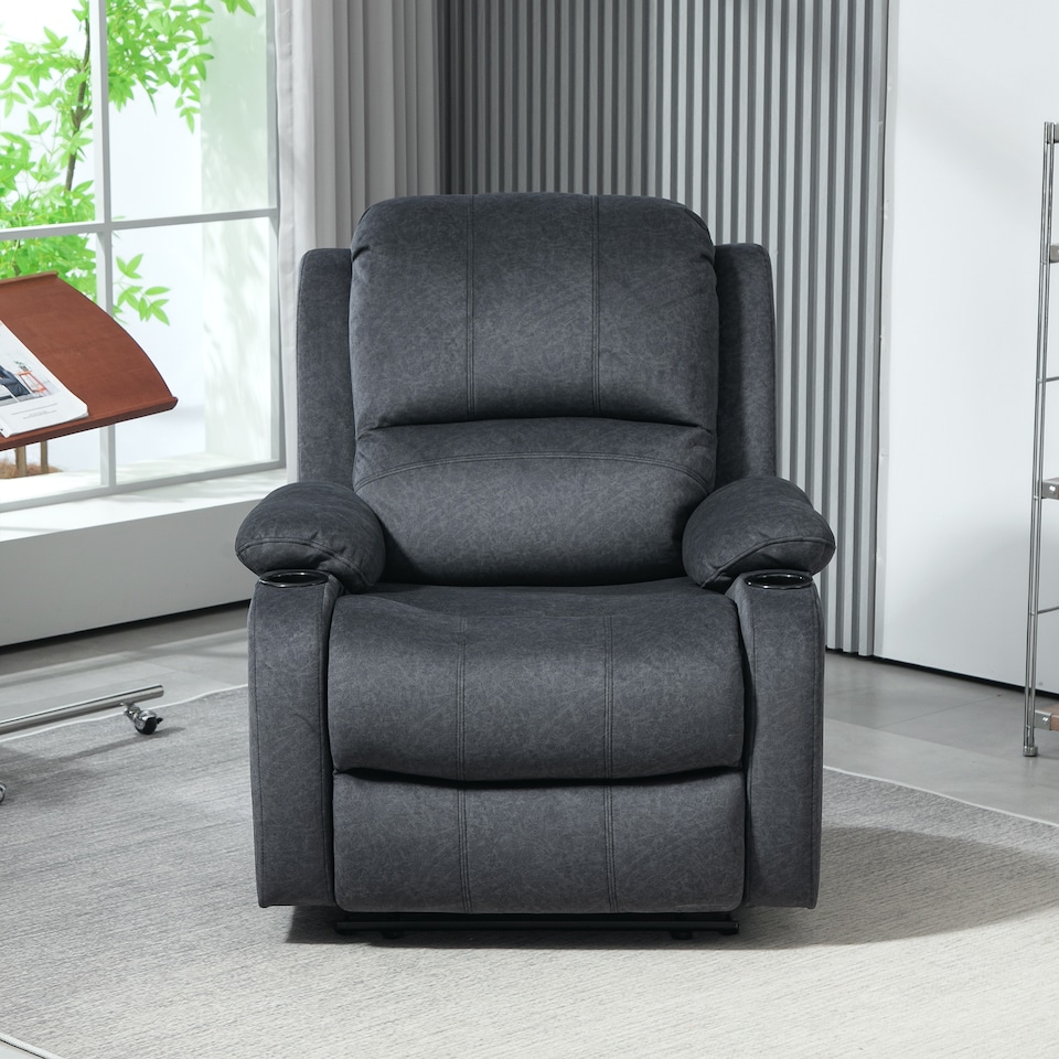 image 1 of HOMCOM Recliner Chair, Microfibre Reclining Chair with Adjustable Leg Rest, Cup Holders, Recliner Armchair for Home Living Room, Black | Black | One Size