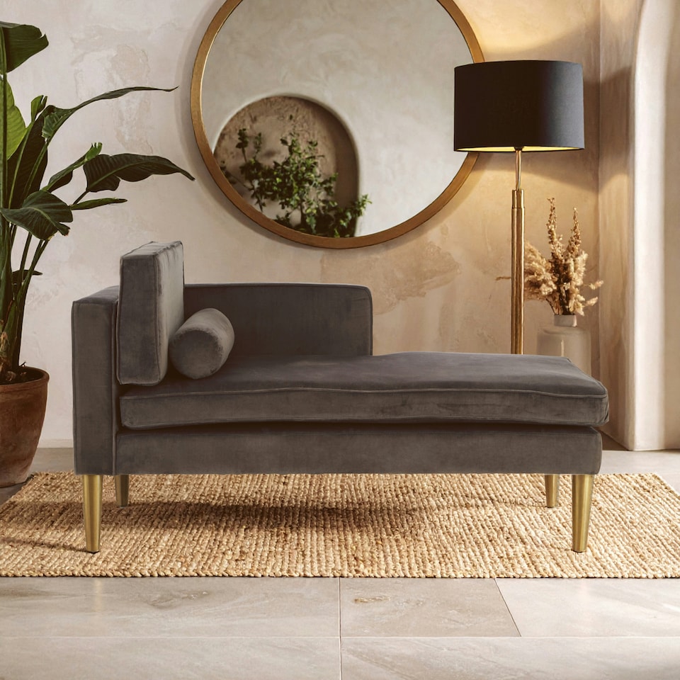 image 1 of Interiors by Premier Grey Velvet and Left Arm Chaise Longue, Comfortable Upholstered Arm Chaise Lounge for Home, Office