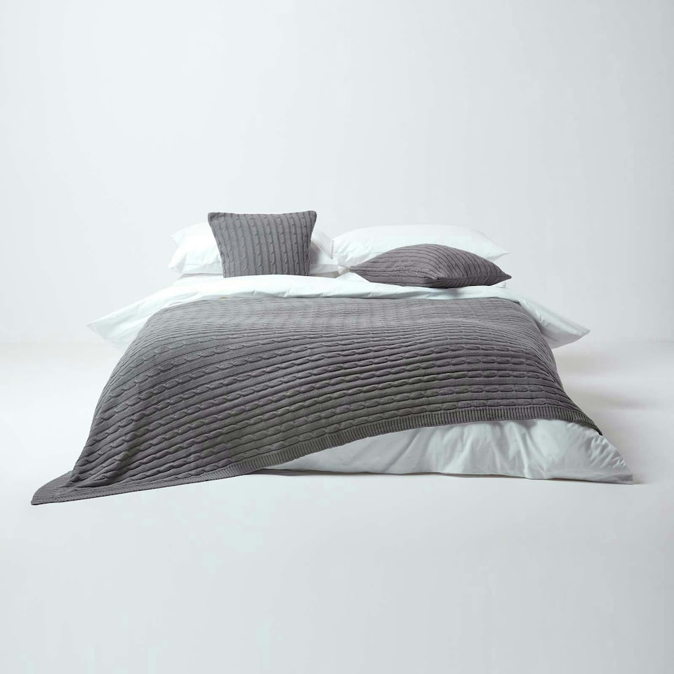 image 1 of Homescapes Cotton Cable Knit Throw - Grey - 150 x 200 cm | Grey | 1