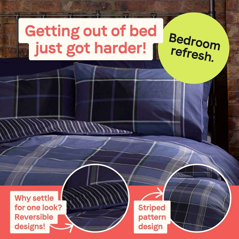 image 1 of Argyle Design Tartan Polycotton Duvet Set With Pillowcase | Blue | 1