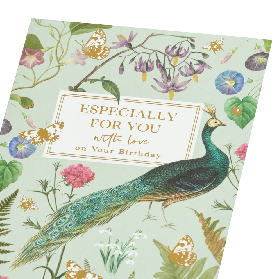 image 1 of Birthday card - Peacock and flowers