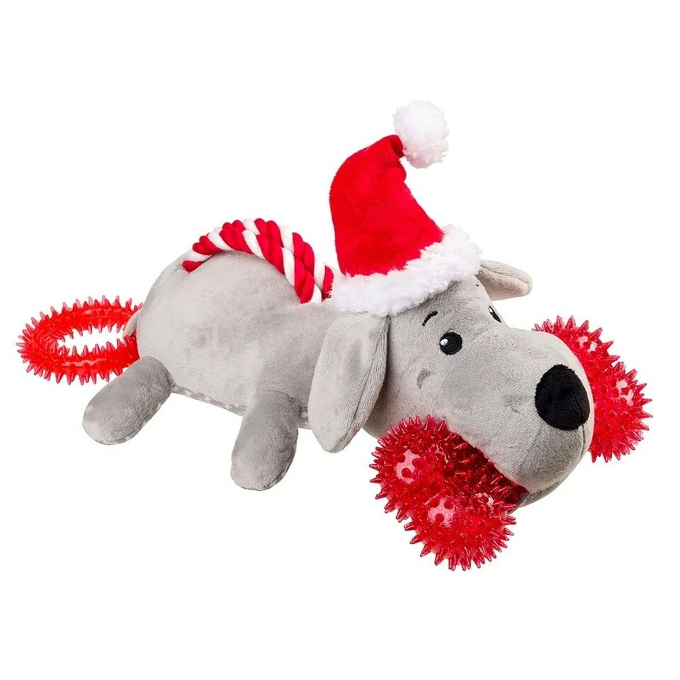 image 1 of House Of Paws Santa Paws Multi Textured Christmas Dog Squeak Toy - Red/Grey - One Size