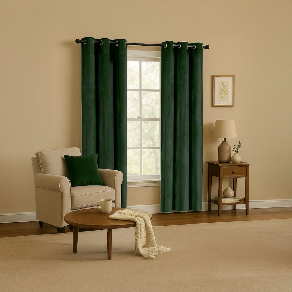image 1 of Forest Green Velvet Blackout Eyelet Curtains - 46x54 Inch Drop - Pair | Green | One Size