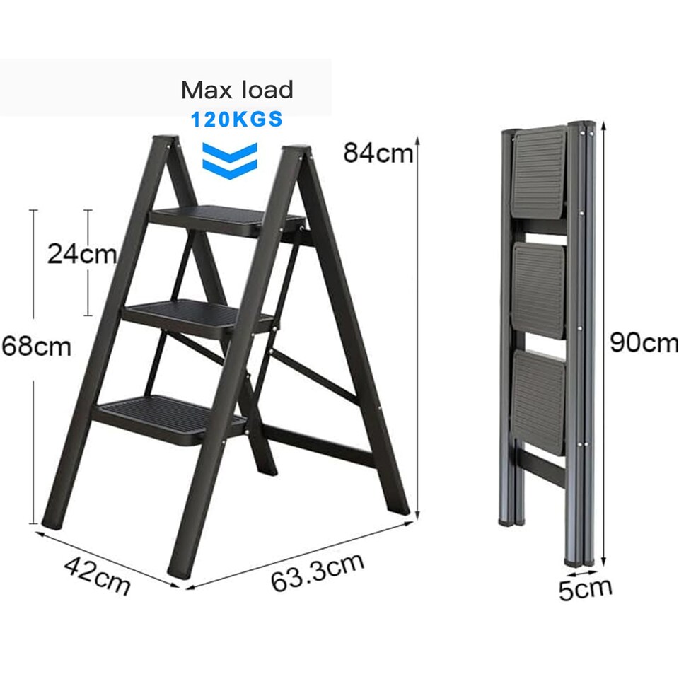 image 1 of Gr8 Home 3 Step Ladder Black Folding Stool Non Slip Heavy Duty Carbon Steel Lightweight