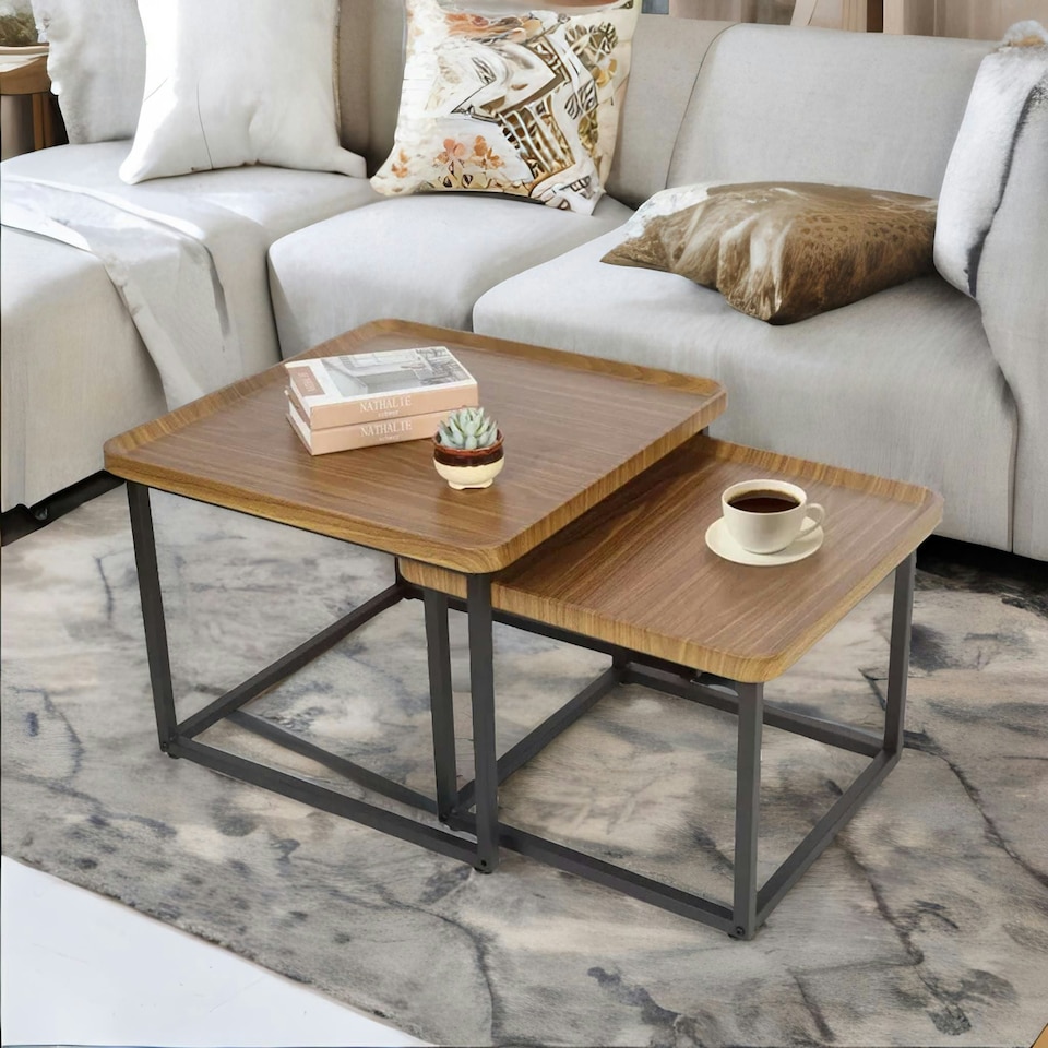 image 1 of 2PC Industrial Square Nesting Coffee Tables Rustic Brown Brown