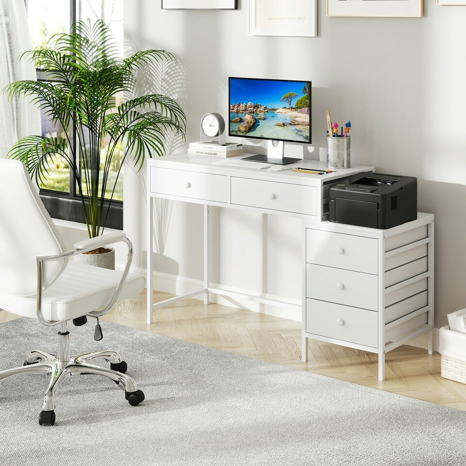 image 1 of COSTWAY Computer Desk with 5 Drawers and Side File Cabinet White White