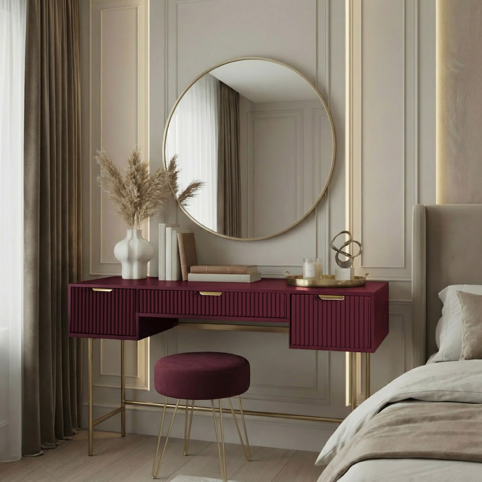 image 1 of OHS Ribbed Dressing Table Vanity Makeup Desk with 3 Drawers | Red | Dark Berry