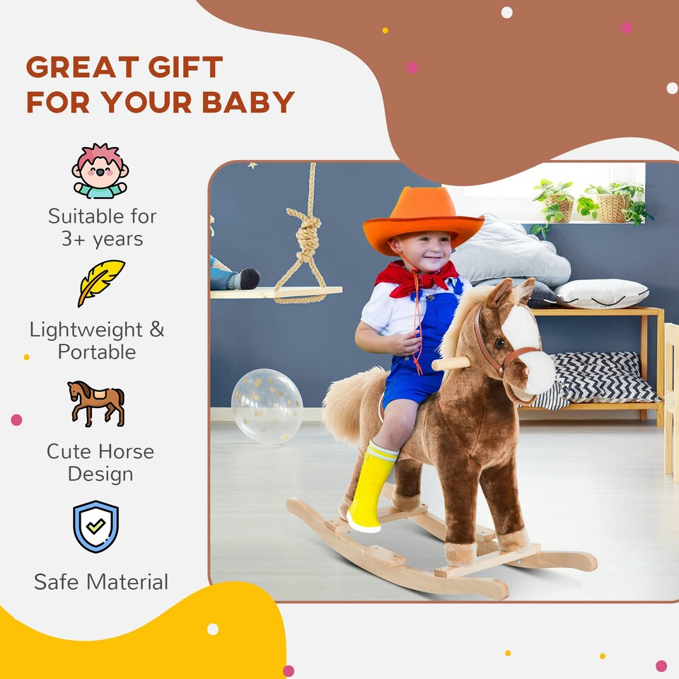 image 1 of HOMCOM Kids Rocking Horse Wooden Plush Children Ride On Toy Rocker Baby Gift Age