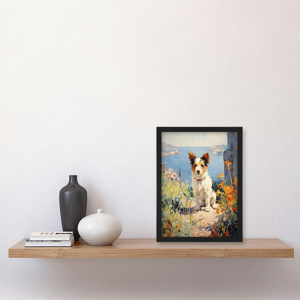 image 1 of Jack Russell Terrier Floral Dog Portrait Oil Black Framed Wall Art Print A4