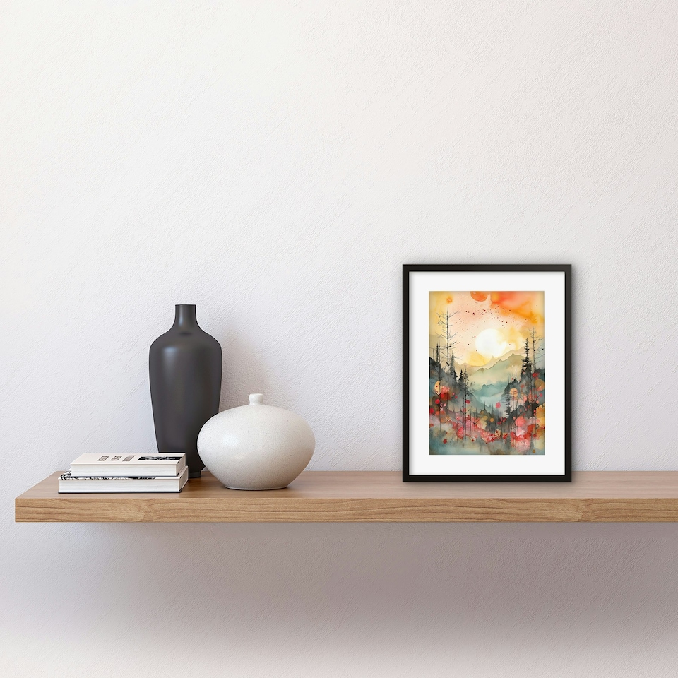 image 1 of Sunrise Over Misty Mountain Forest Landscape Watercolour 9x7" Black Framed Wall Art Print