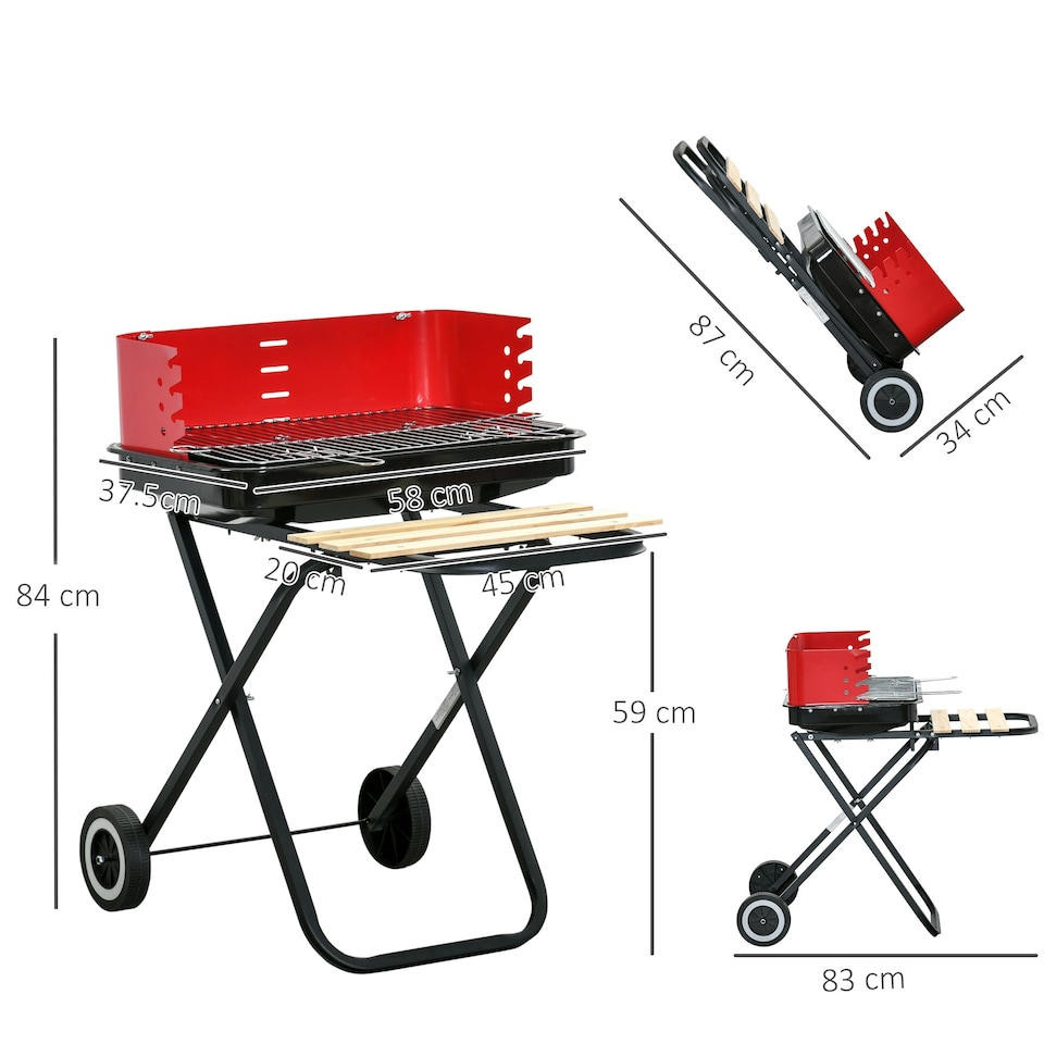 image 1 of Outsunny Foldable Charcoal Trolley Barbecue BBQ Grill Cooker Smoker W/ Wheels