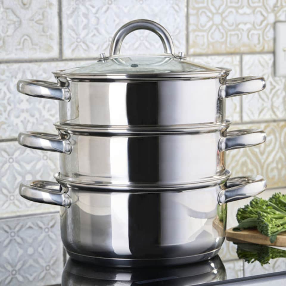 image 1 of Cooks Professional 3 Tier Stainless Steel Steamer Pan - Suitable for All Hobs | Silver | Silver