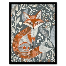 Woodland Folk Art Grey Rustic Wildflowers Black Framed Wall Art Print A4