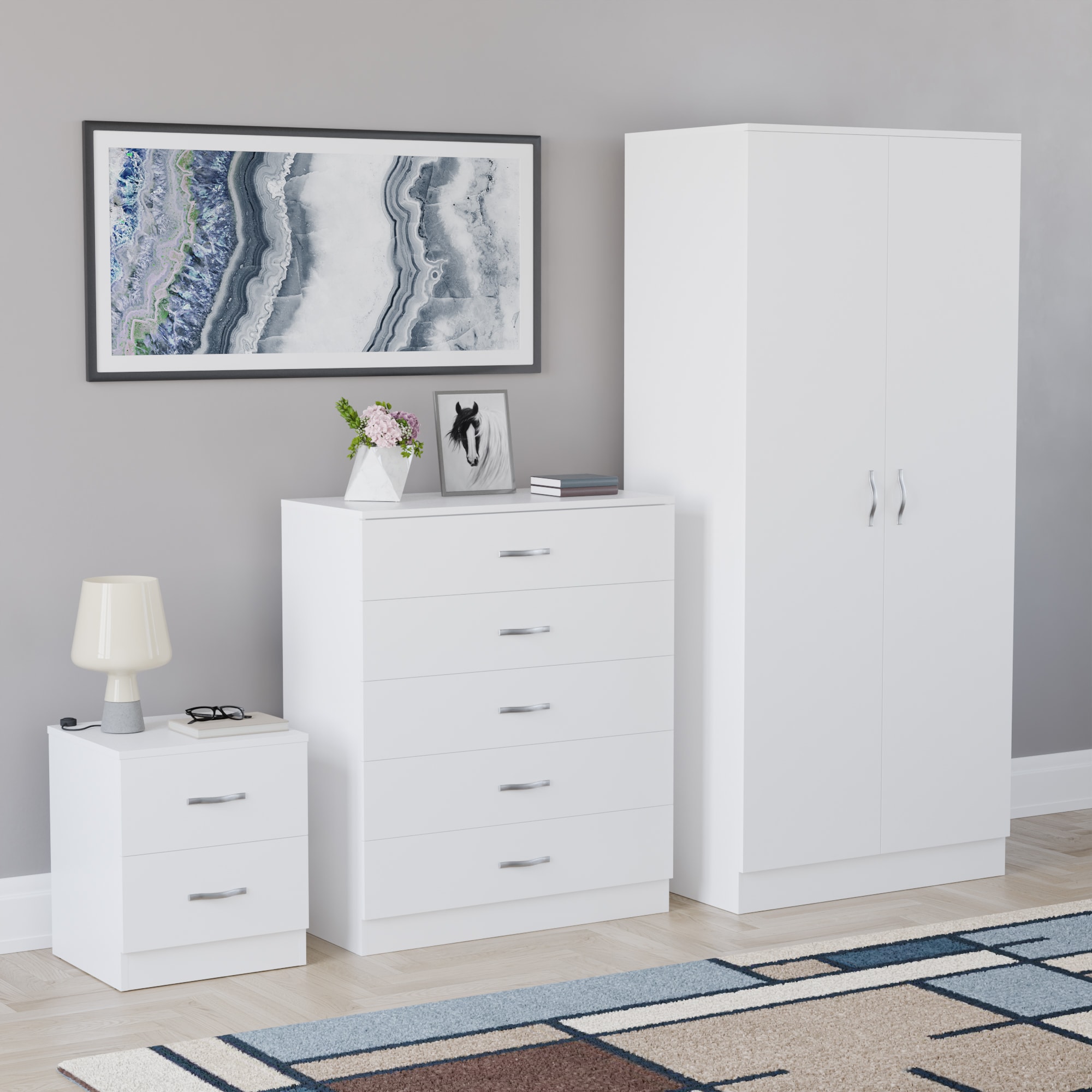 Vida Designs Riano 3 Piece Bedroom Set (2 Drawer Bedside Chest, 5 Drawer Chest, 2 Door Wardrobe) - White