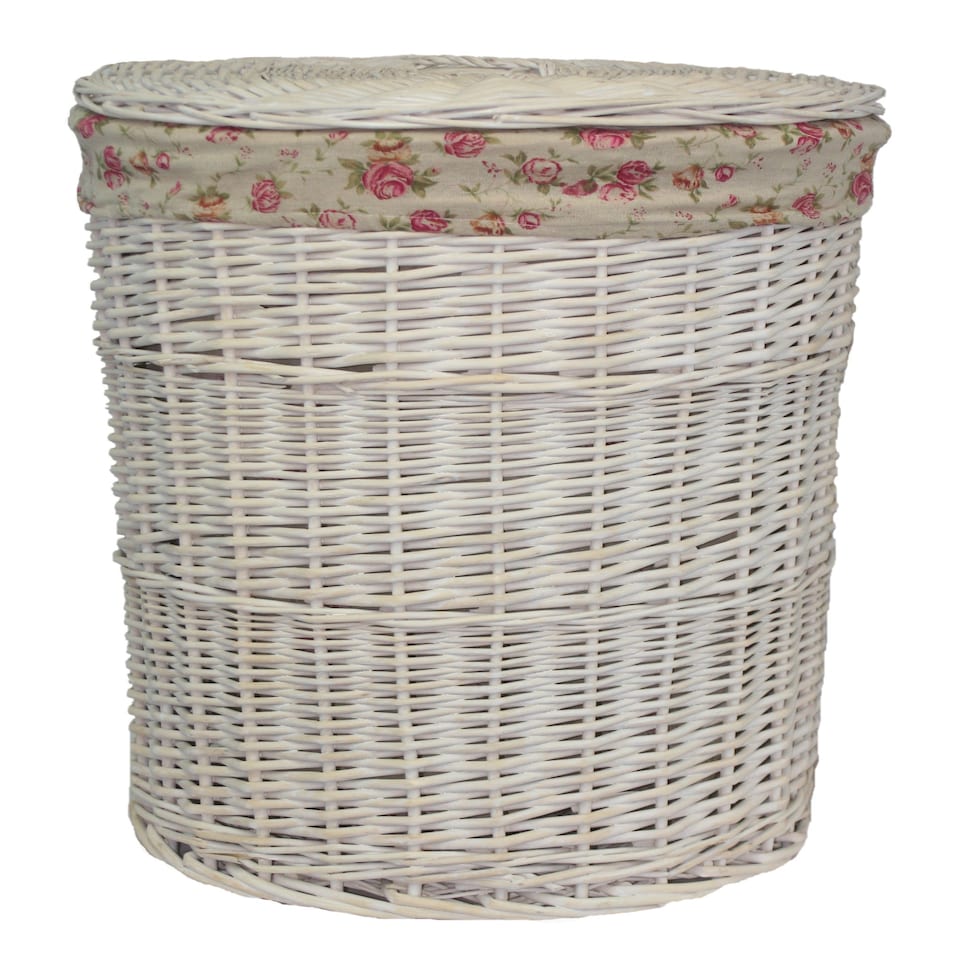 image 1 of Large Round White Wash Laundry Basket with a Garden Rose Lining | Multi | Garden Rose