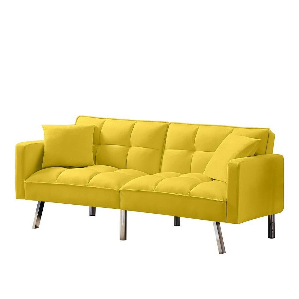 image 1 of Sofa Bed 2 Seater Yellow Velvet Click Clack Sofa Settee Recliner Couch with Metal Legs with 2 Pillows Yellow