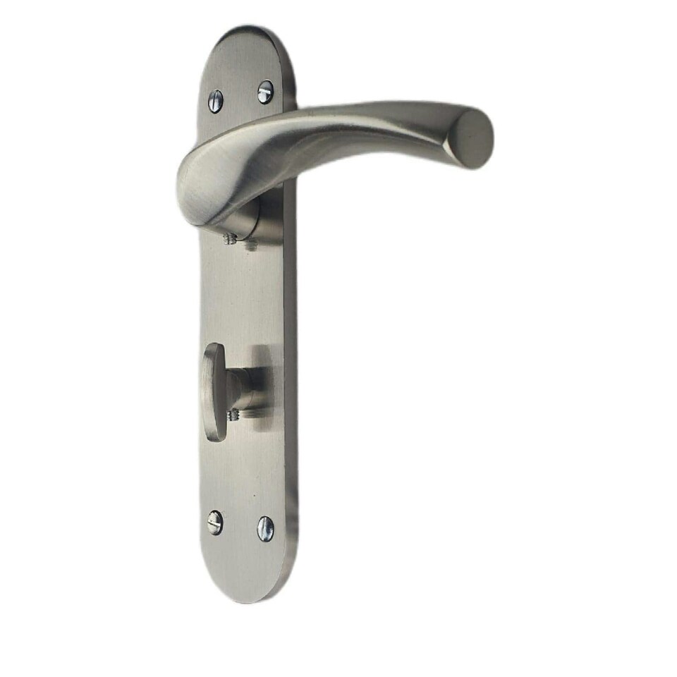 Golden Grace Astrid Bathroom Door Handles on Backplate in Satin Stainless Steel Finish - 182mm x 45mm Grey