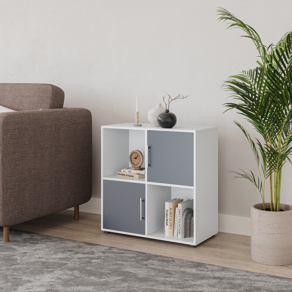 image 1 of 4 -Cube Shelving With Metal Handle Doors - Square | White | White & Grey | 1