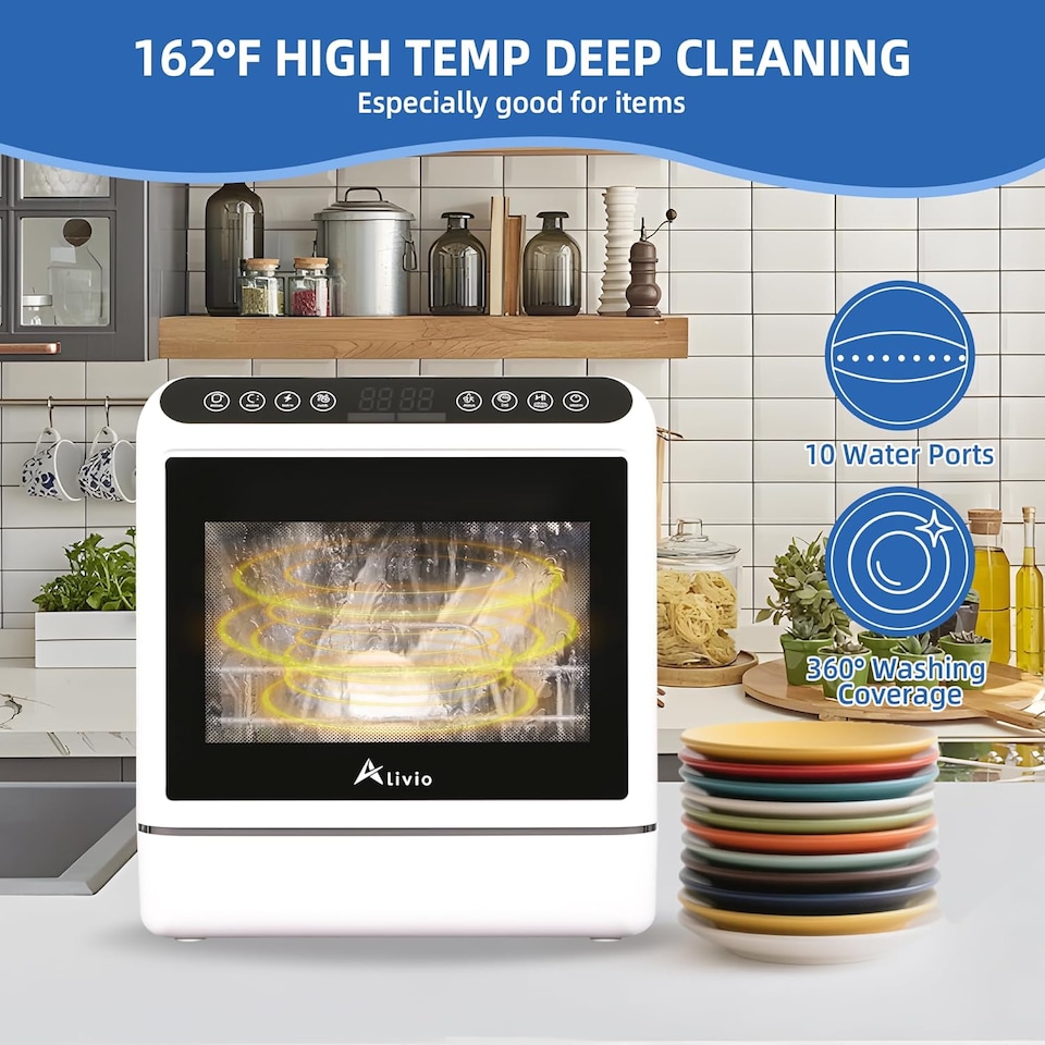 image 1 of Alivio Portable Dishwasher with 6L Water Tank - Dual Water Supply High-Temp Sanitizing & Hot Air Dry (White)