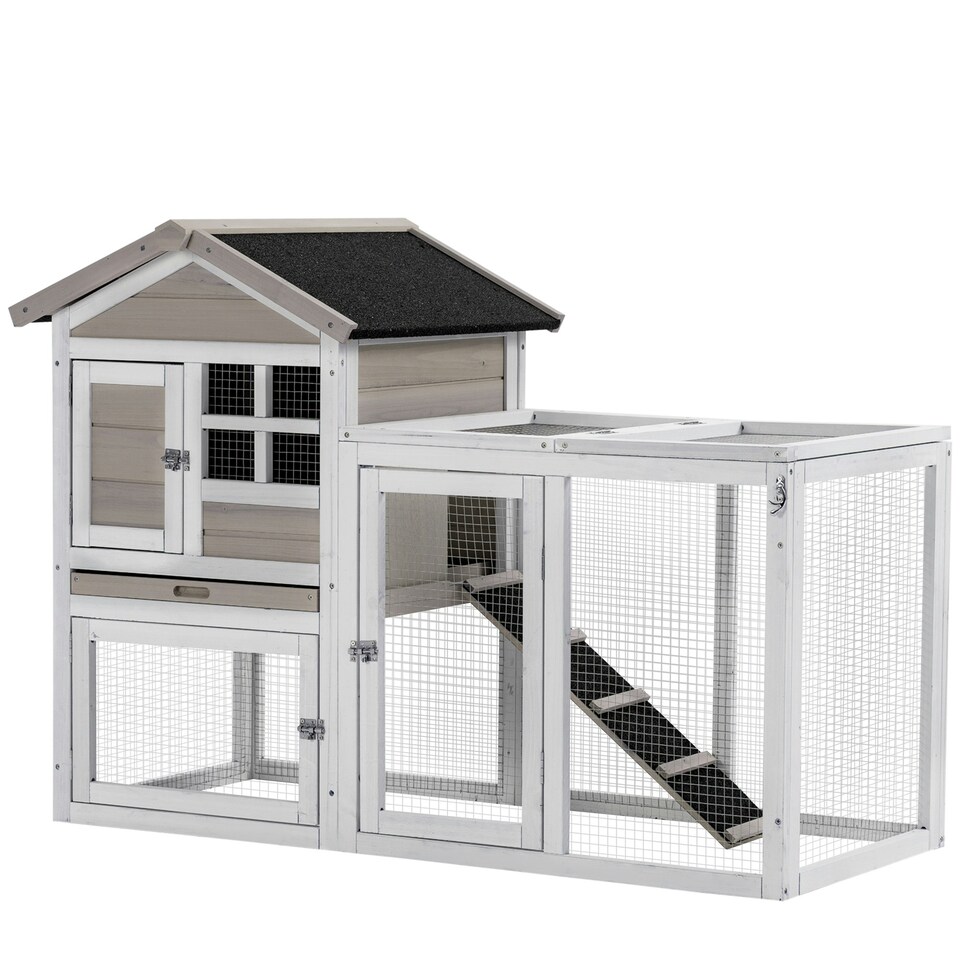 image 1 of PawHut 2 in 1 Rabbit Hutch, Guinea Pig Hutch Outdoor w/ Run & Tray, Grey