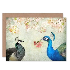 Elegant Peacock Birds in Flower Blooming Garden Floral Greeting Card