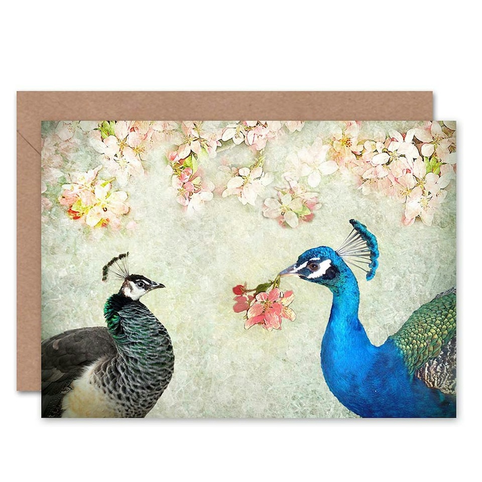 image 1 of Elegant Peacock Birds in Flower Blooming Garden Floral Greeting Card