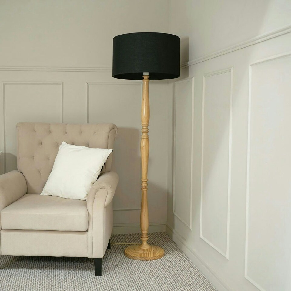image 1 of ValueLights Victoria Light Wood Traditional Stem Floor Lamp with Black Fabric Drum Shade and LED Bulb