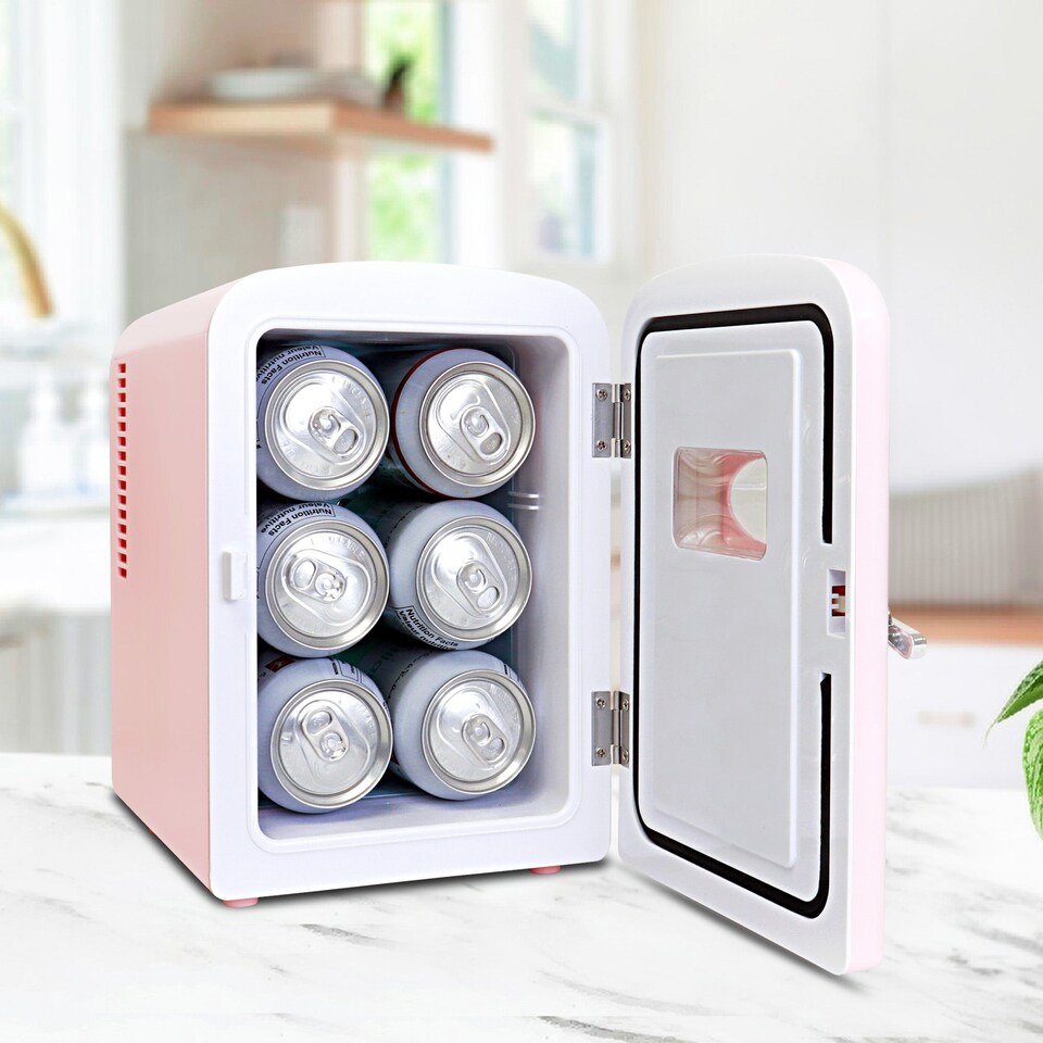 image 1 of Koolatron 4L Retro Portable Mini Fridge 12V DC 230V 6 Can Cooler Pink