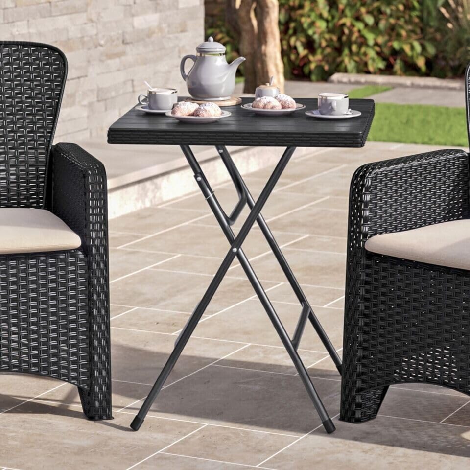 image 1 of 60cm Modern Black Rattan Wood Look Folding Table & 2 Chairs Compact Garden Patio Furniture Set