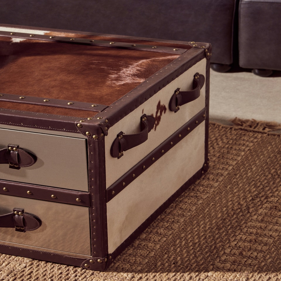 image 1 of Interiors By Premier Brown And White Genuine Cowhide Coffee Table,Rectangular Table With 3 Aluminium Plated Drawers,Center Table Brown