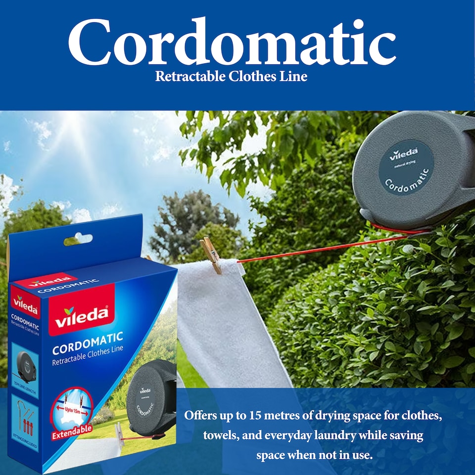 image 1 of Vileda Cordomatic Retractable Clothes Line Indoor Outdoor Washing Line 15m