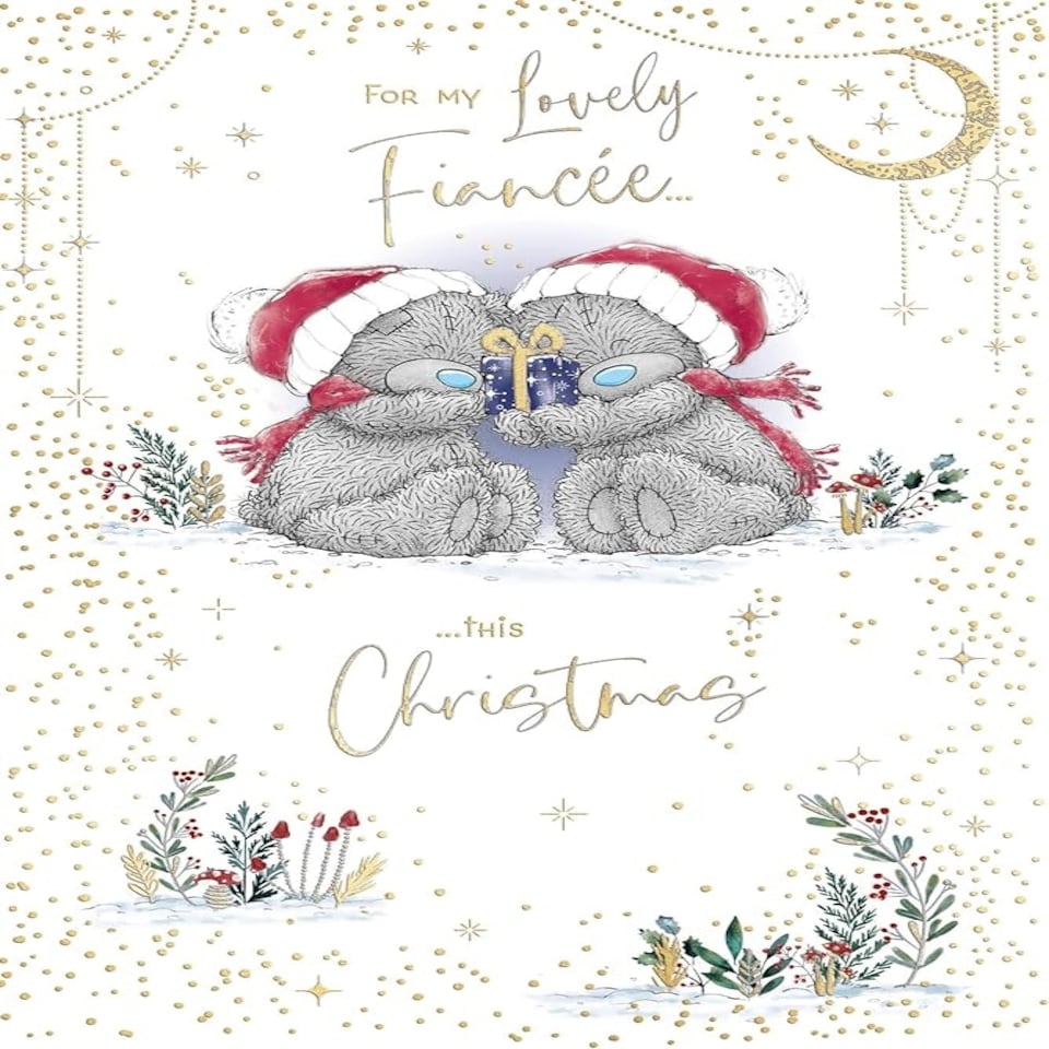 image 1 of Bears Sitting with Gift For My Lovely Fiancée Christmas Card