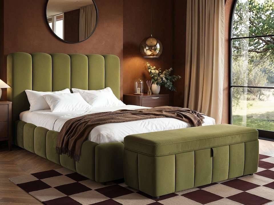 image 1 of SOLACE+CO Emilie Ribbed Ottoman Kingsize Bed Green Velvet