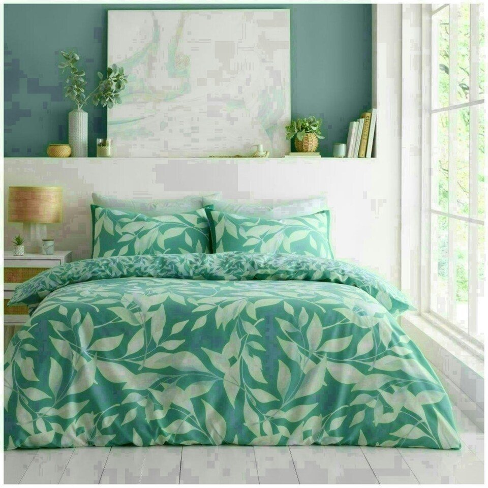 image 1 of Canyon Leaf Printed Duvet Cover Set Reversible Polycotton Beddings Green | Double