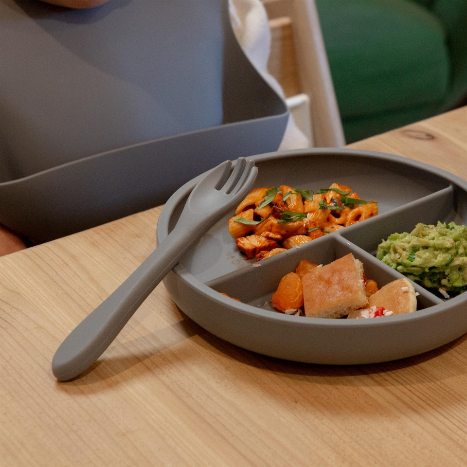 image 1 of Tiny Dining 4pc Silicone Suction Weaning Set - Tradewinds - Silicone Baby Toddler Feeding Set with Bib, Cup, Plate & Cutlery