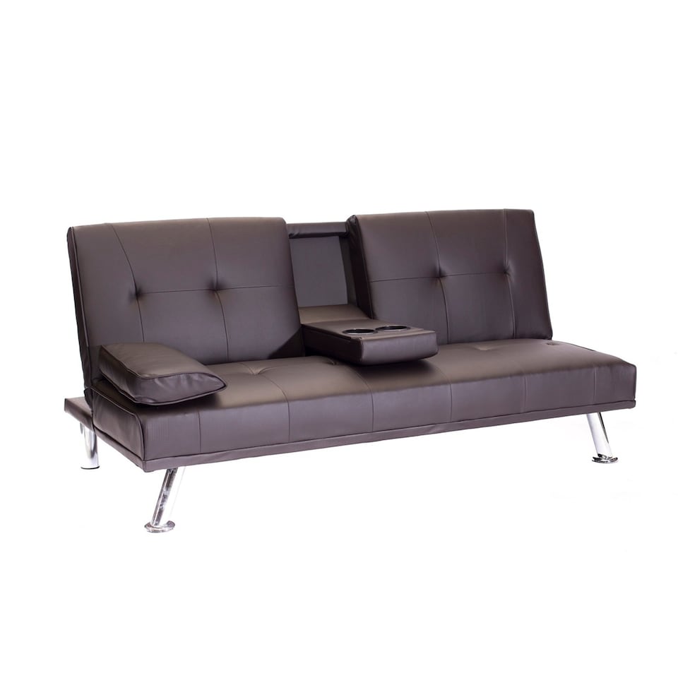 image 1 of Odeon Faux Leather Click-Clack Sofa Bed with Cup Holders & Chrome Legs - Brown | Brown | Brown | 1