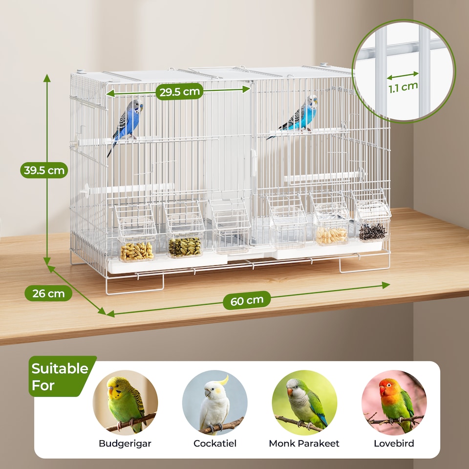 image 1 of Yaheetech Small Stackable Bird Cage for Budgies & Canaries, 60 × 26 × 39.5cm, 11mm Bar Spacing, Removable Divider & Slide-Out Tray, White