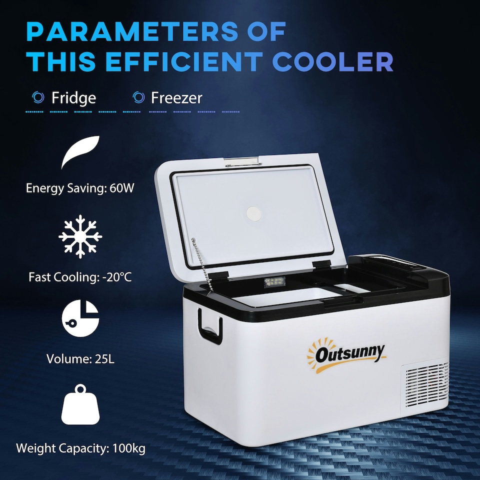 image 1 of Outsunny 12V Portable Car Refrigerator w/ Inner LED Light Indoor Outdoor, 25L