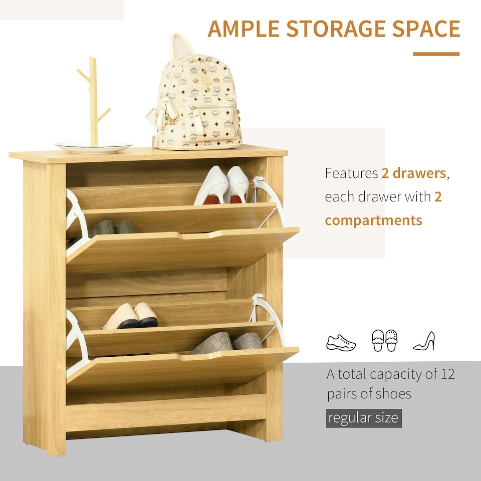 image 1 of HOMCOM 12-Shoe Storage Cabinet 4 Shelves 2 Drawers Modern Brown