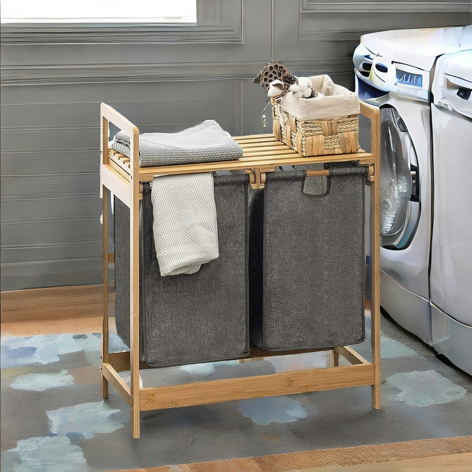 image 1 of Wooden Grey Pull Out Double Laundry Basket With Shelf Brown